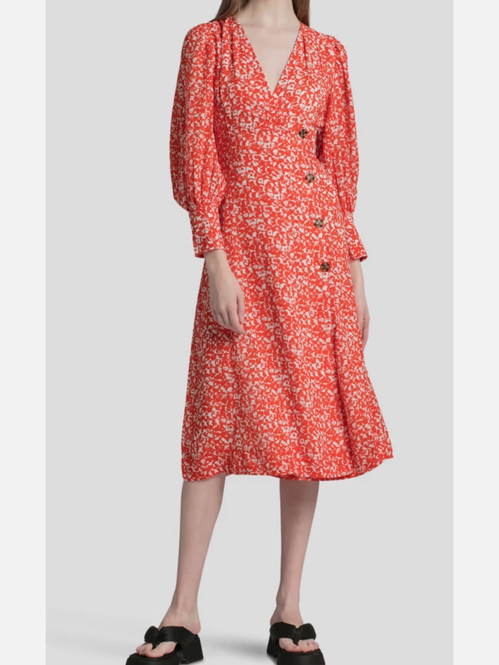 Ganni Red and White Long Sleeve Floral Dress